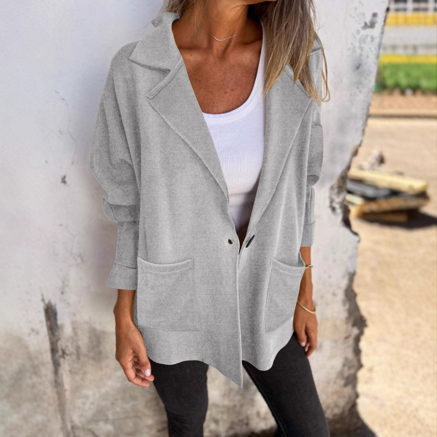 Women's Fall/Winter Blazer-Style Sweatshirt Jacket | Casual Minimalist Notched Lapel Single-Breasted Button Coat