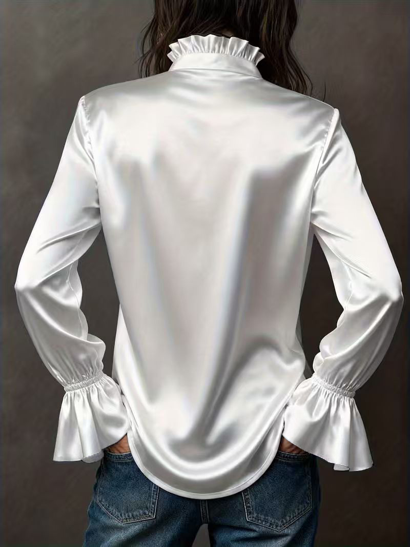 2026 New Arrival Elegant Solid Color High-Quality Satin Long-Sleeve Women’s Blouse (Trumpet Cuffs) – Available in Champagne, Navy Blue, White & Dark Brown