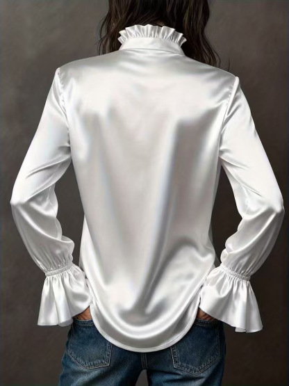 2026 New Arrival Elegant Solid Color High-Quality Satin Long-Sleeve Women’s Blouse (Trumpet Cuffs) – Available in Champagne, Navy Blue, White & Dark Brown