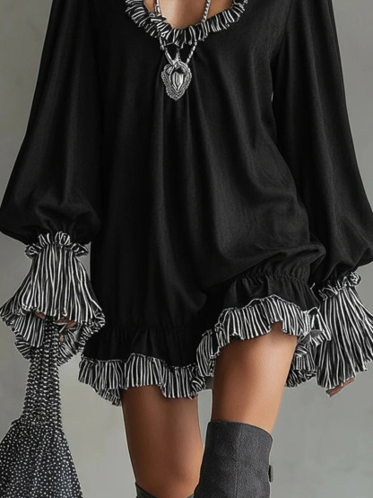 Women's Black Loose Fit Long Sleeve Ruffled Trim V-Neck Mini Dress with Striped Accents