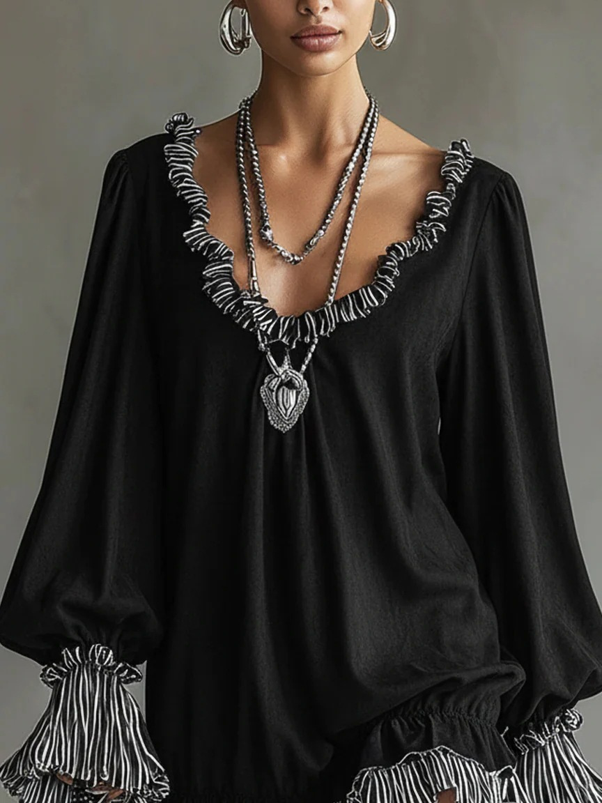 Women's Black Loose Fit Long Sleeve Ruffled Trim V-Neck Mini Dress with Striped Accents