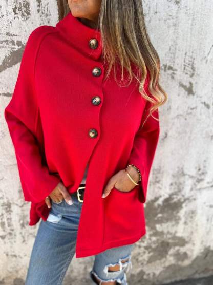 Women's Notched Lapel Long Sleeve Casual Cardigan - Solid Color Knit Coat (3 Colors: Black/Red/Khaki) Daily Wear Loose-Fit Outerwear