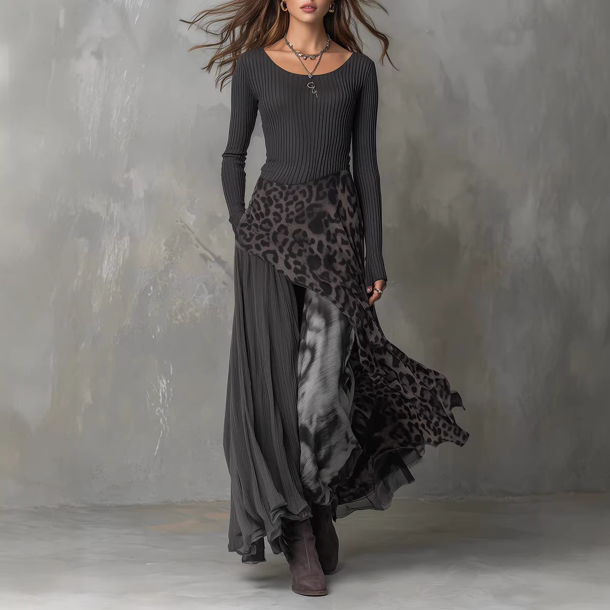 Women's Long Sleeve Ribbed Knit Maxi Dress - Asymmetrical Leopard Print Overlay Elegant Casual Work Party Midi Dress