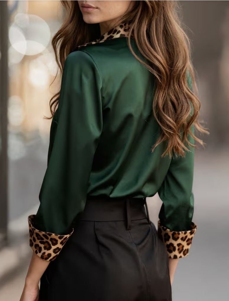 2026 New Arrival Spring-Autumn Office Slim-Fit Leopard Print Paneled Satin Collared Women’s Blouse – Available in Red, Green & Gray