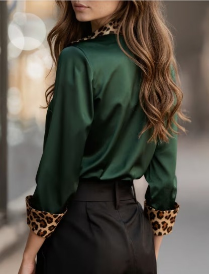 2026 New Arrival Spring-Autumn Office Slim-Fit Leopard Print Paneled Satin Collared Women’s Blouse – Available in Red, Green & Gray