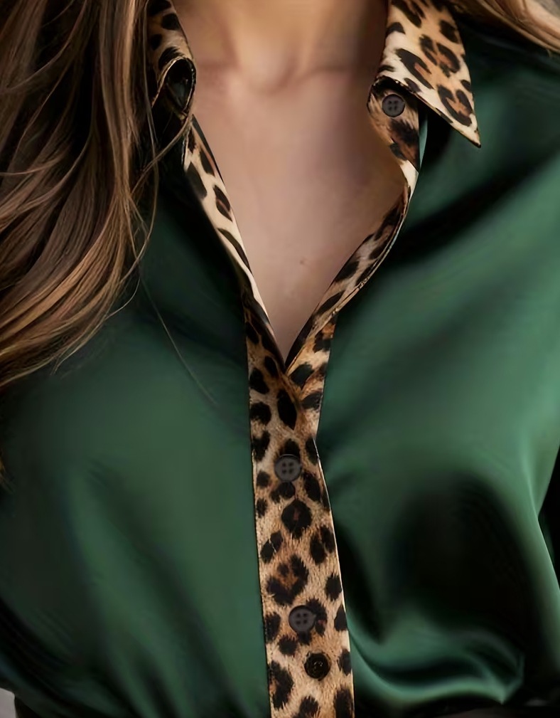 2026 New Arrival Spring-Autumn Office Slim-Fit Leopard Print Paneled Satin Collared Women’s Blouse – Available in Red, Green & Gray