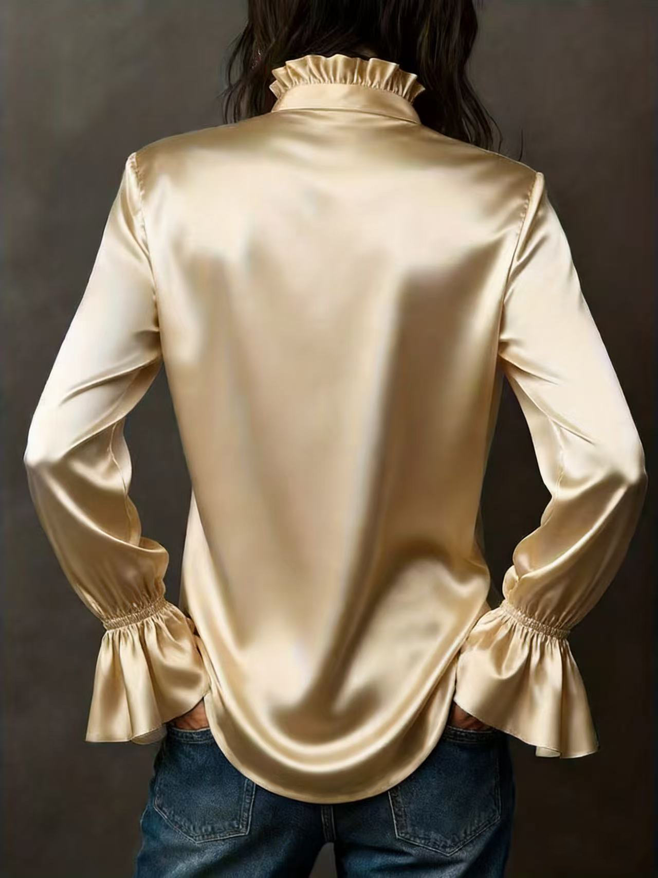 2026 New Arrival Elegant Solid Color High-Quality Satin Long-Sleeve Women’s Blouse (Trumpet Cuffs) – Available in Champagne, Navy Blue, White & Dark Brown