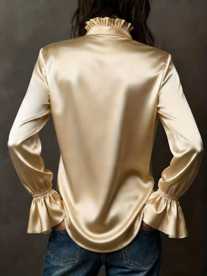2026 New Arrival Elegant Solid Color High-Quality Satin Long-Sleeve Women’s Blouse (Trumpet Cuffs) – Available in Champagne, Navy Blue, White & Dark Brown