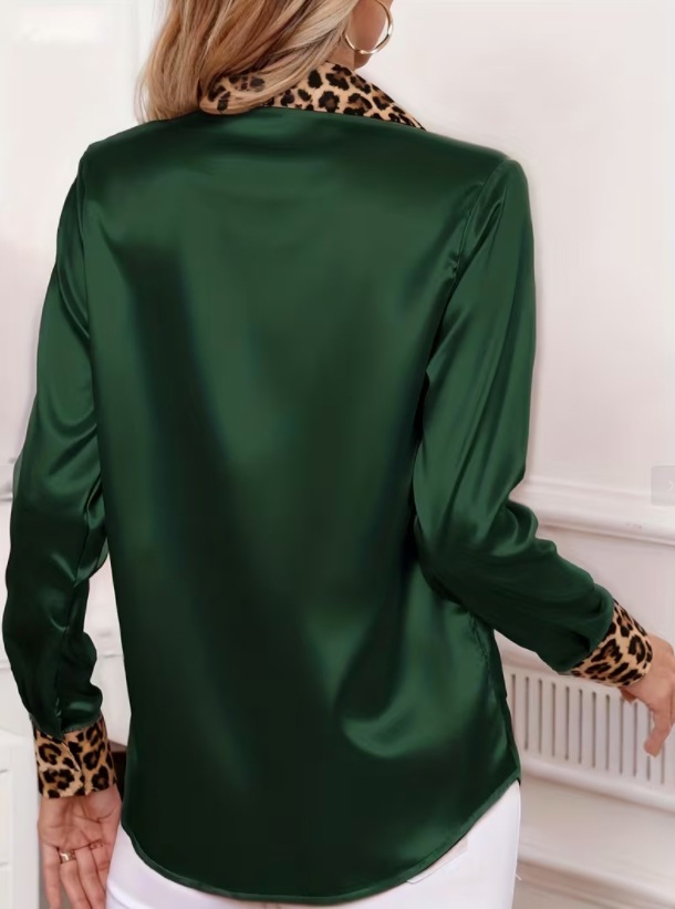 2026 New Arrival Spring-Autumn Office Slim-Fit Leopard Print Paneled Satin Collared Women’s Blouse – Available in Red, Green & Gray