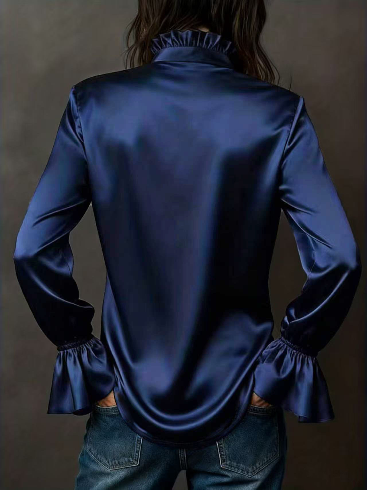 2026 New Arrival Elegant Solid Color High-Quality Satin Long-Sleeve Women’s Blouse (Trumpet Cuffs) – Available in Champagne, Navy Blue, White & Dark Brown