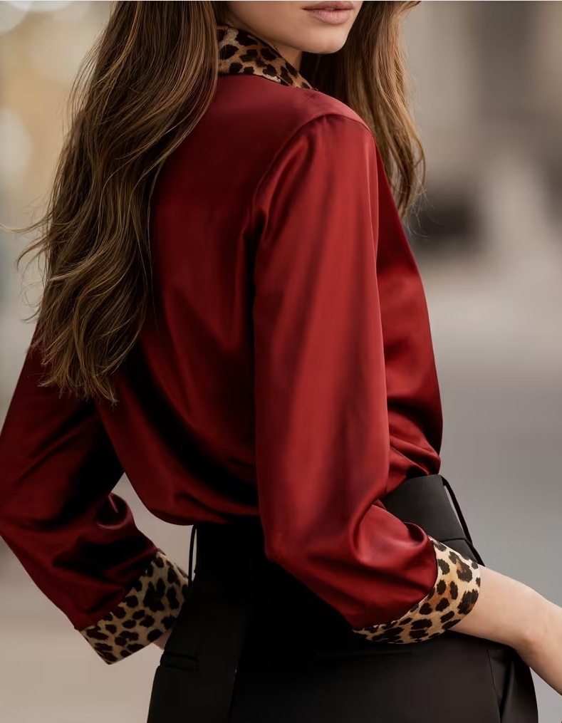 2026 New Arrival Spring-Autumn Office Slim-Fit Leopard Print Paneled Satin Collared Women’s Blouse – Available in Red, Green & Gray
