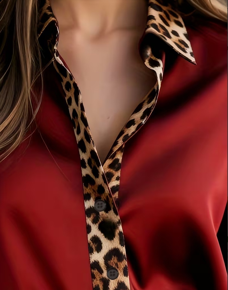 2026 New Arrival Spring-Autumn Office Slim-Fit Leopard Print Paneled Satin Collared Women’s Blouse – Available in Red, Green & Gray