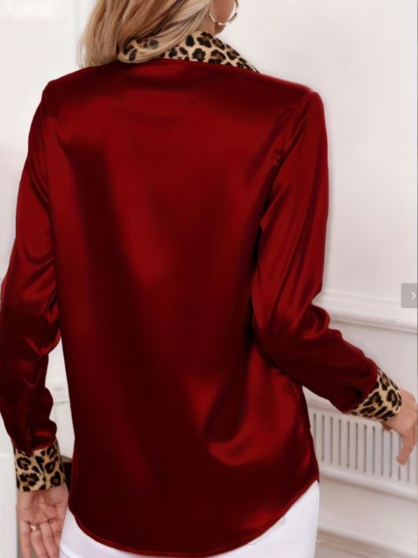 2026 New Arrival Spring-Autumn Office Slim-Fit Leopard Print Paneled Satin Collared Women’s Blouse – Available in Red, Green & Gray