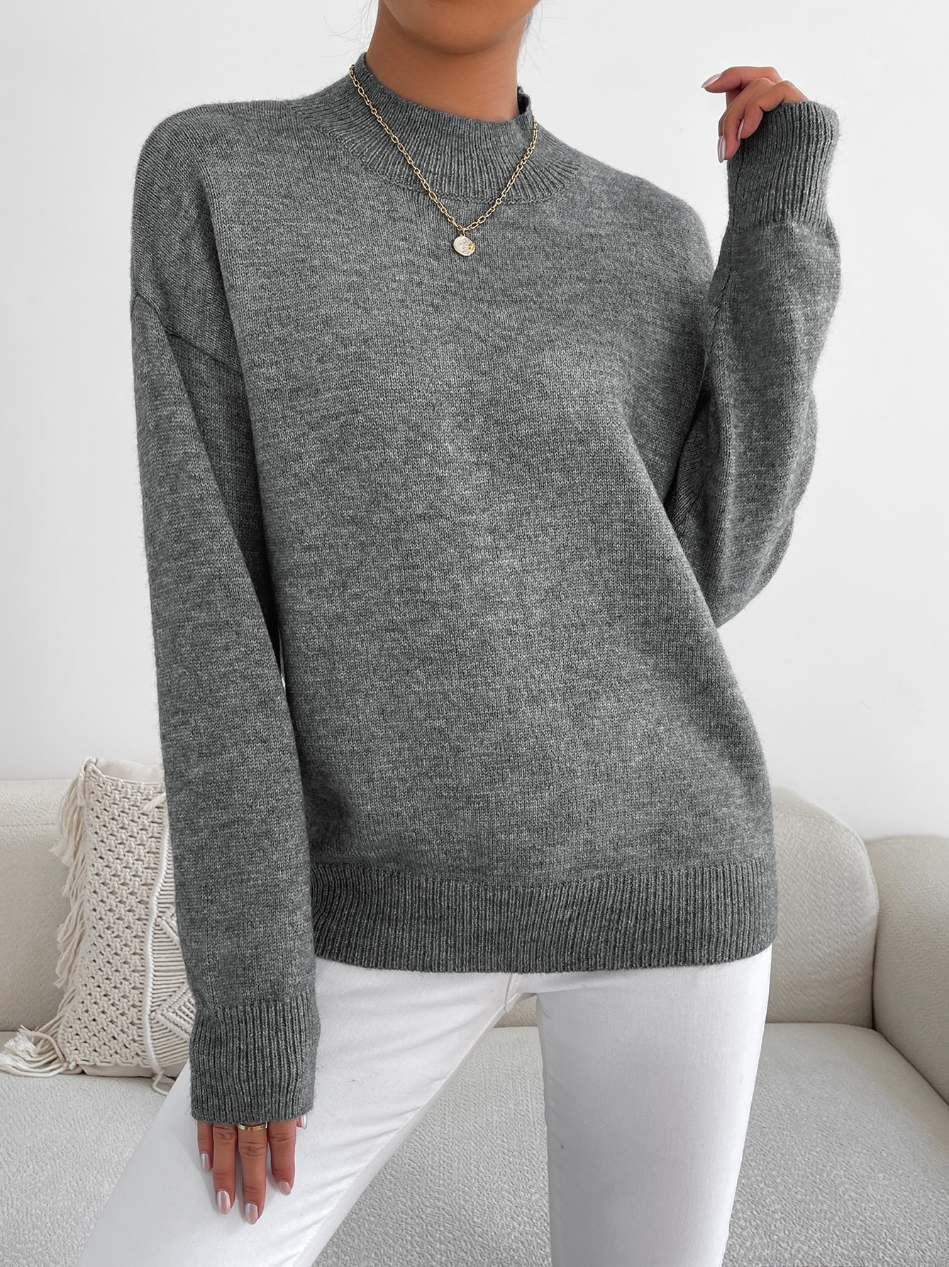 Women's Soft Mock Neck Long Sleeve Relaxed-Fit Knit Sweater - Multi-Color Daily Casual Top