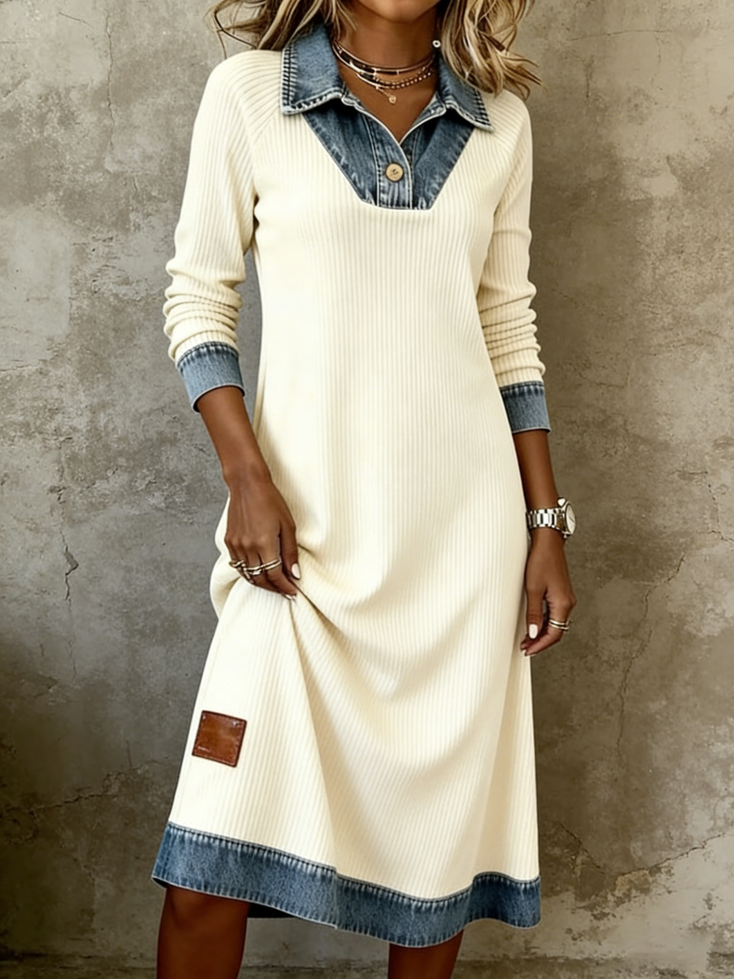 Vintage Western Rib-Knit Denim Combo Midi Dress - Cream Relaxed Fit Casual Commute Dress