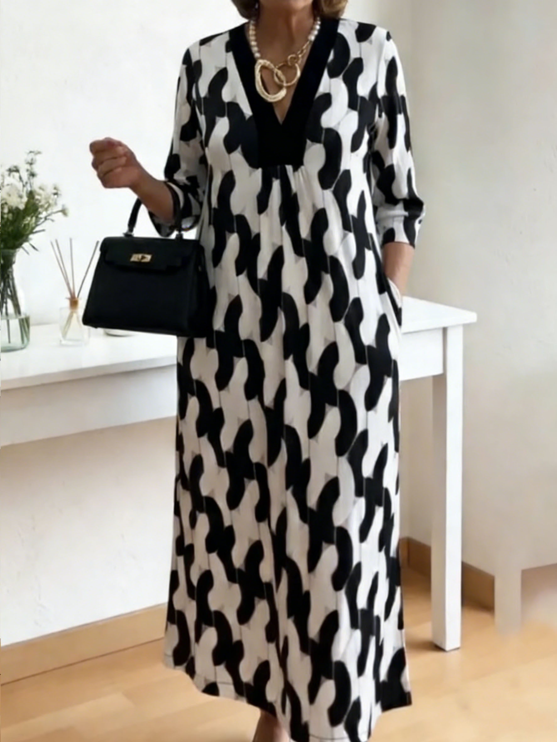 Women's V-Neck Maxi Dress - 3/4 Sleeve Loose-Fit Printed Long Dress with Pockets (Multiple Colors)