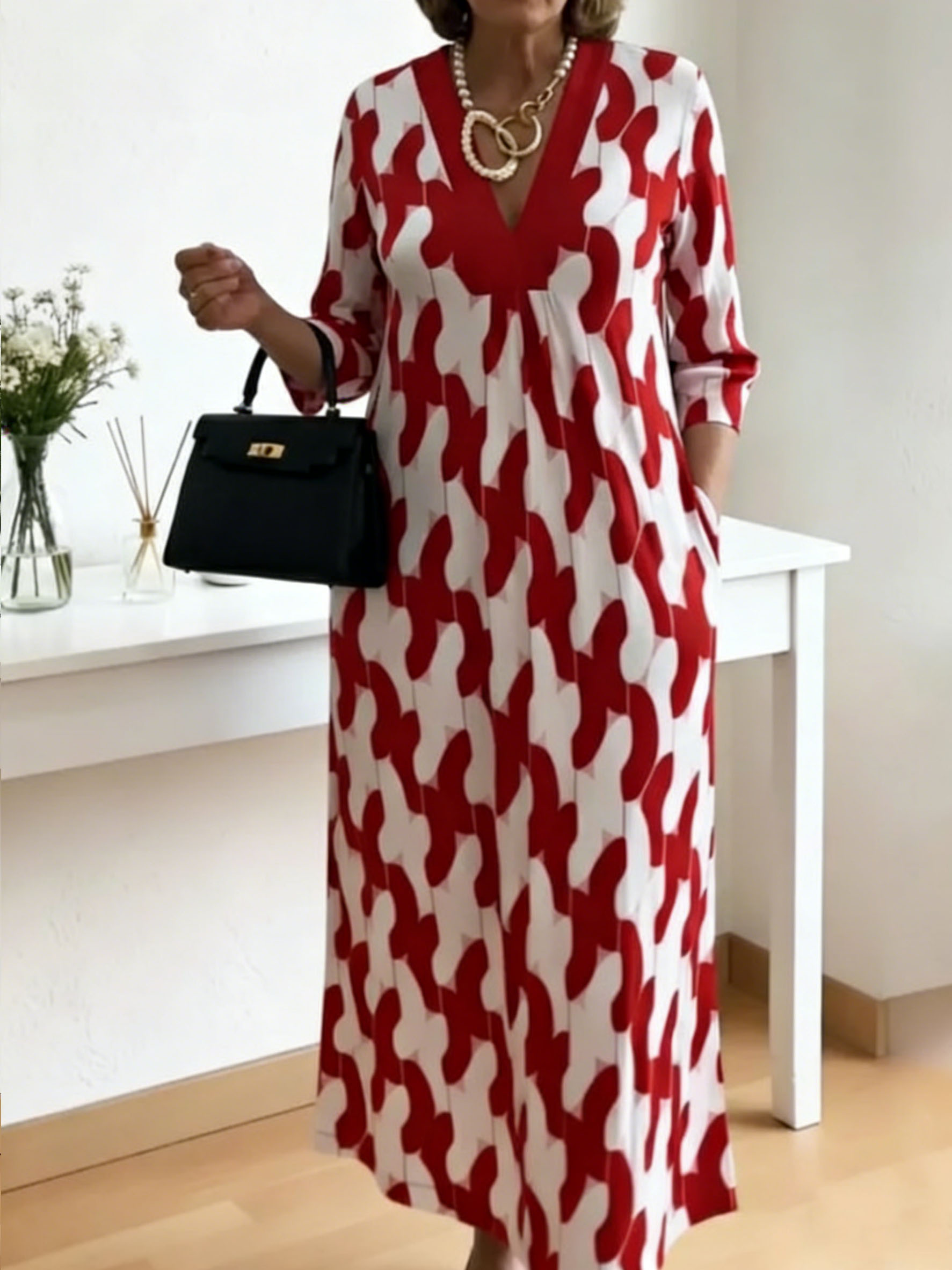 Women's V-Neck Maxi Dress - 3/4 Sleeve Loose-Fit Printed Long Dress with Pockets (Multiple Colors)