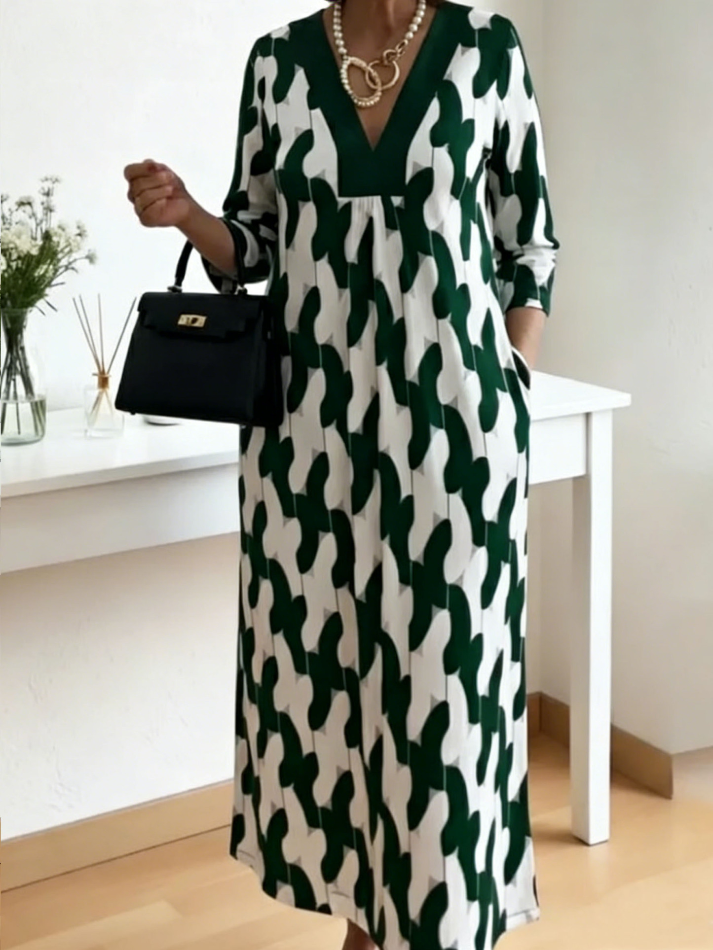 Women's V-Neck Maxi Dress - 3/4 Sleeve Loose-Fit Printed Long Dress with Pockets (Multiple Colors)