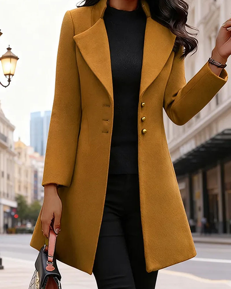 Women's Mustard Coat, Elegant Lapel Single-Breasted Mid-Length Overcoat, Vintage European Street Style, Slim-Fit Dressy Outerwear with Button Detail, Flattering Silhouette for FalWinter Fal & shion
