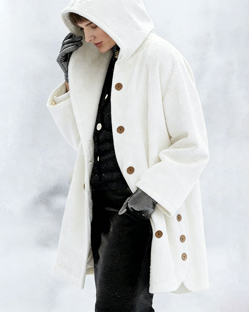 Women's Autumn Winter Short Sleeve Hooded Loose Corduroy Coat - Casual Versatile (Burgundy/Black/White/Green/Light Brown/Gray/Navy Blue)