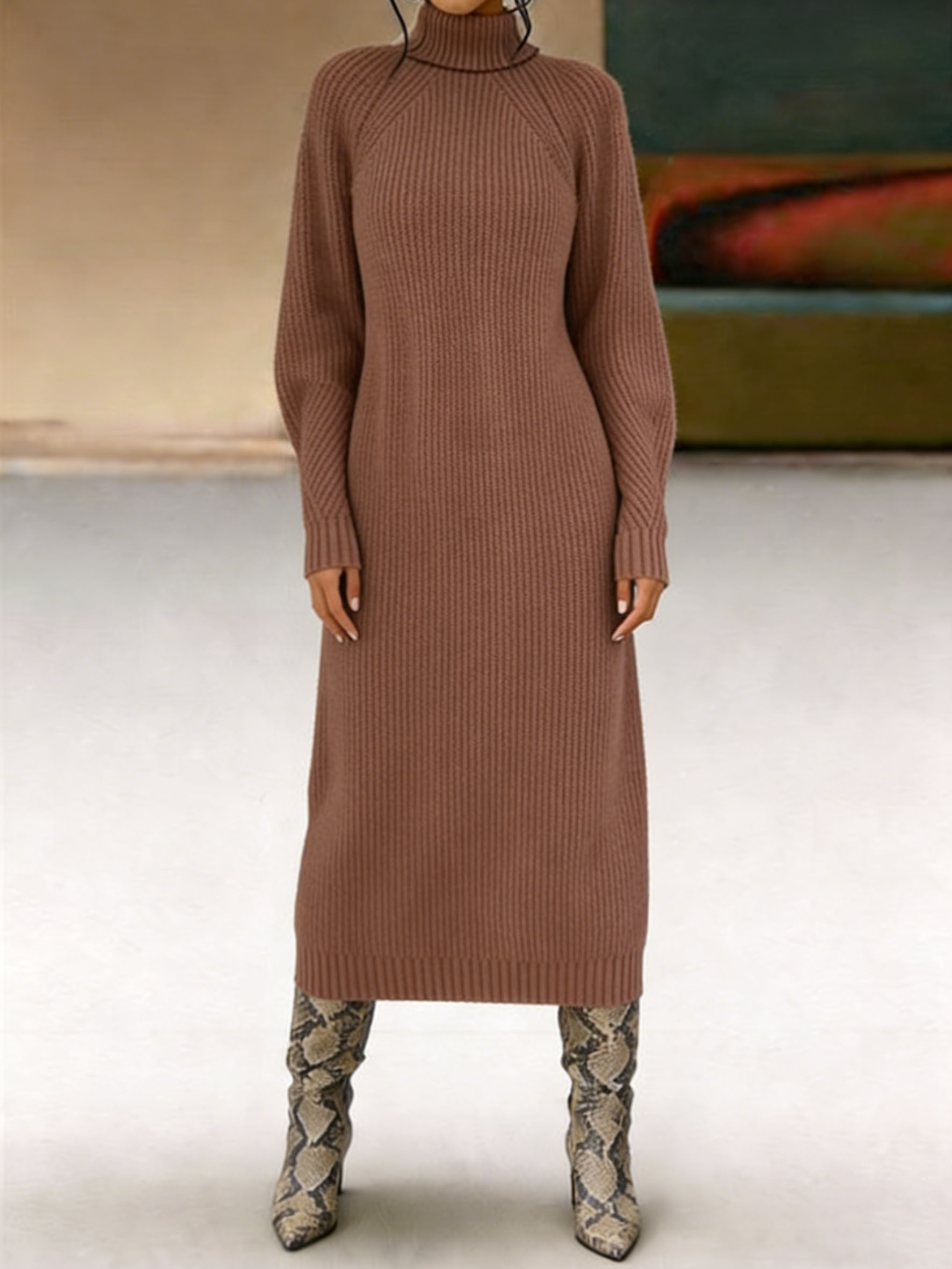 Women's Turtleneck Ribbed Knit Maxi Dress - Long Sleeve Slim-Fit Warm Knit Dress for Fall/Winter, Casual Party Daily Wear (Multiple Colors)