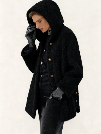 Women's Polyester Faux Fur Hooded Coat - Quilted Warm Winter Jacket, Casual Elegant Outerwear with Metal Buttons (Multiple Colors)