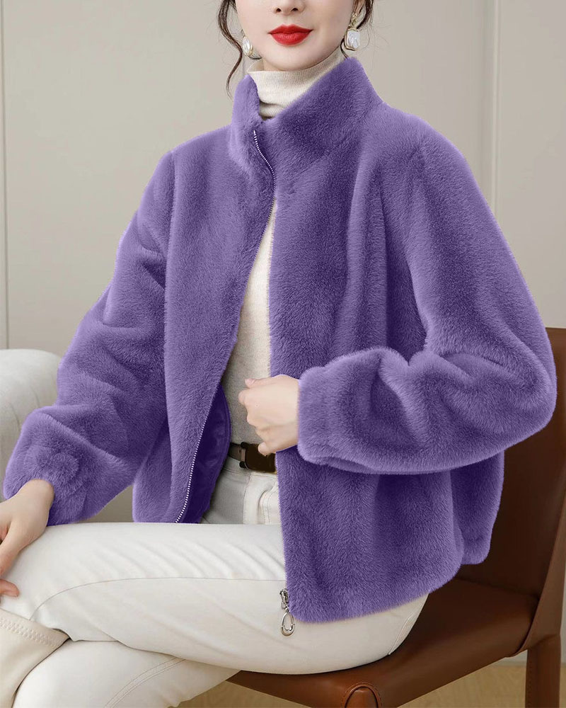 Women's Polyester Faux Fur Zip-Up Jacket - Soft Fluffy Stand-Collar Coat, Casual Elegant Short Winter Outerwear (Multiple Colors)