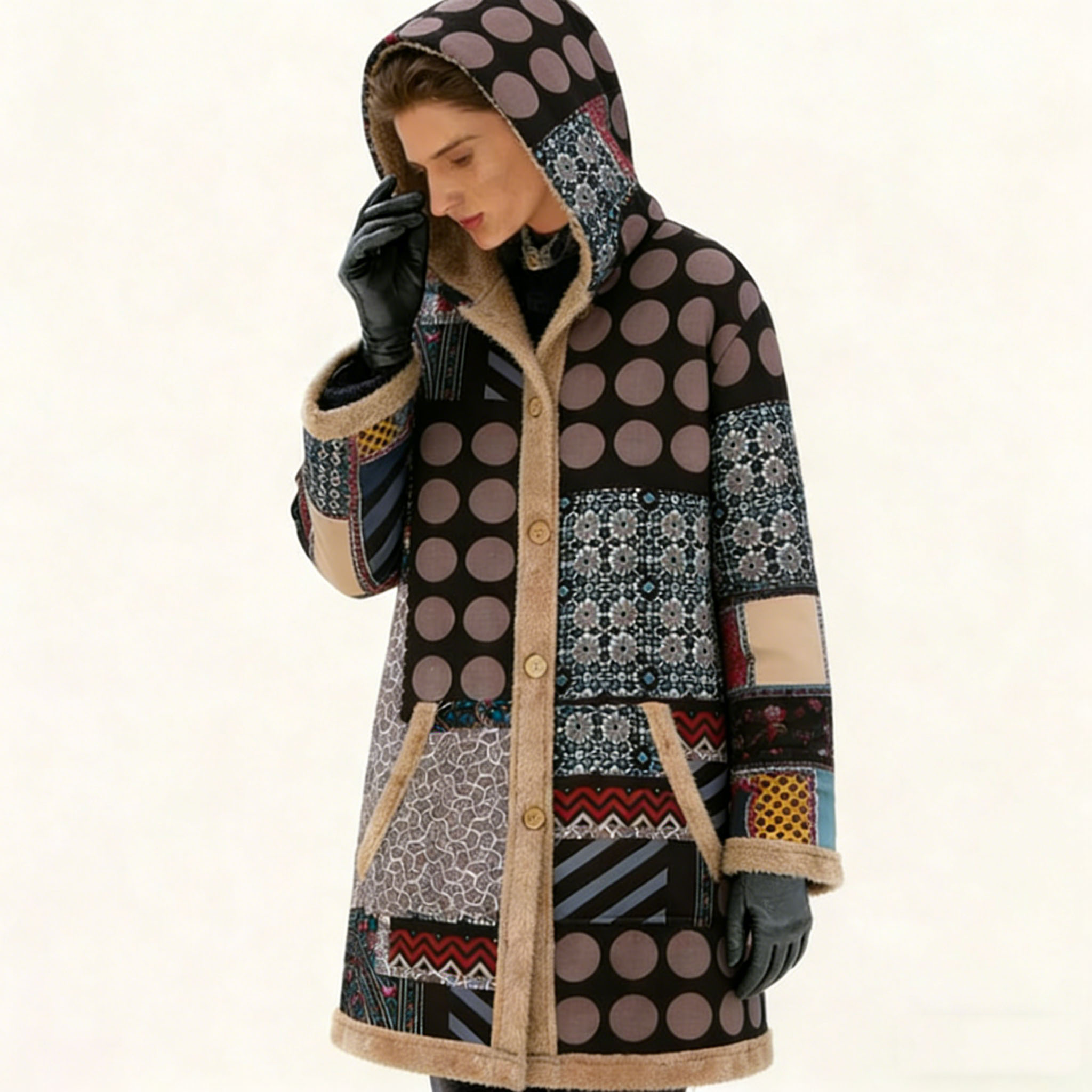 Women's Fleece-Lined Vintage Patchwork Hooded Coat - Warm Casual Outerwear for Fall & Winter