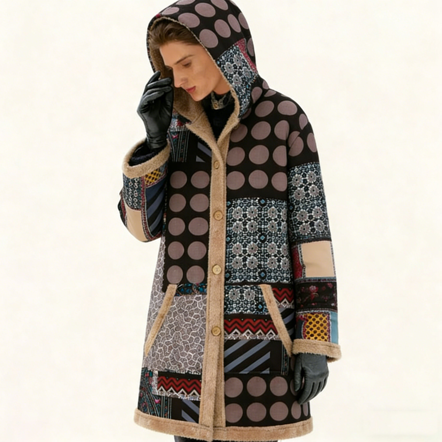 Women's Fleece-Lined Vintage Patchwork Hooded Coat - Warm Casual Outerwear for Fall & Winter