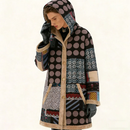 Women's Fleece-Lined Vintage Patchwork Hooded Coat - Warm Casual Outerwear for Fall & Winter