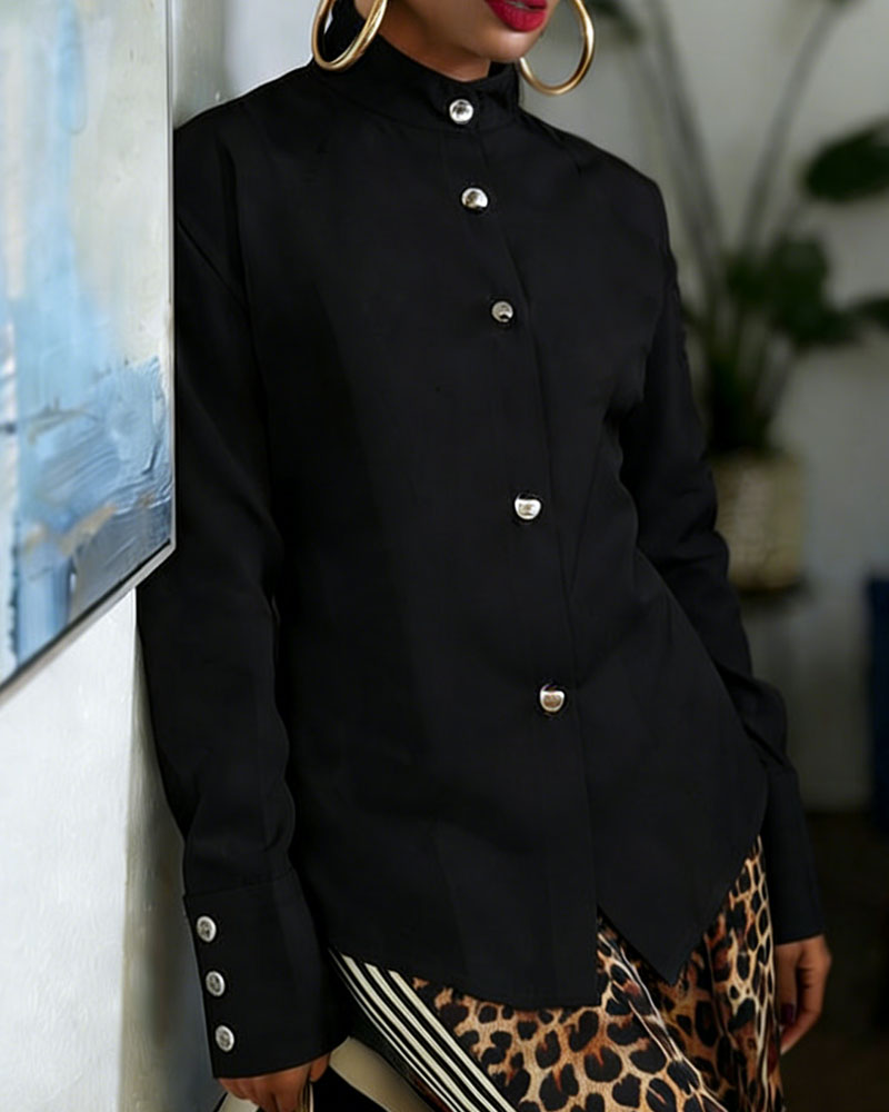 Women's Stand Collar Blouse with Metal Buttons