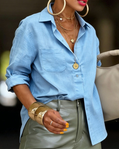 Women's Oversized Cotton Button-Down Shirt - Relaxed Fit Collared Blouse with Chest Pocket (White/Beige/Light Blue/Pink)