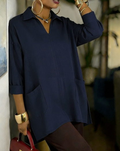Women's Oversized V-Neck Collared Blouse - Relaxed Fit Longline Shirt with Side Pockets & Slits (7 Colors: Red/Orange/White/Blue/Purple/Light Blue/Navy)