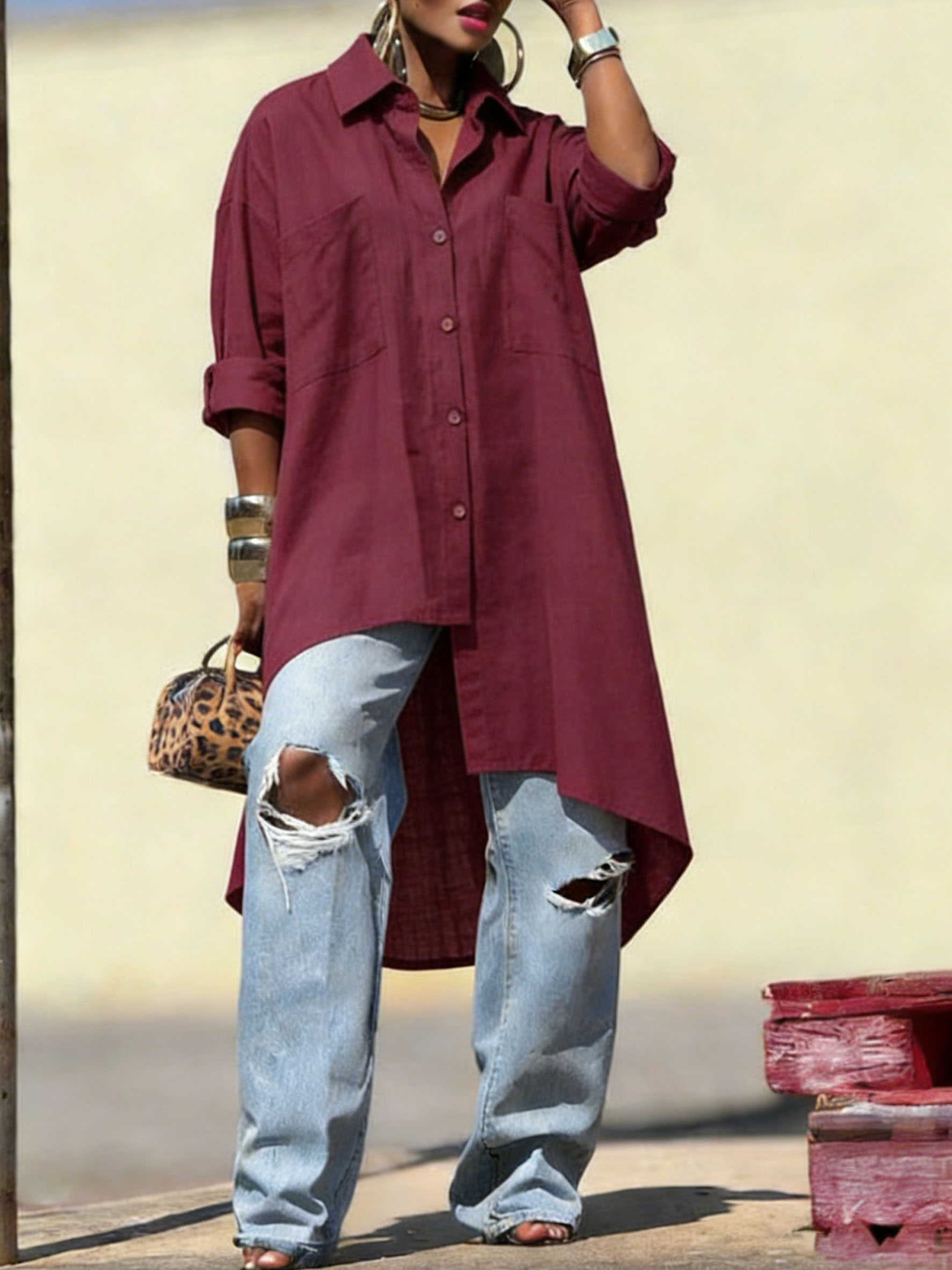 Women's Linen-Cotton Oversized Tunic Shirt - Loose Fit Long Sleeve Button-Down Blouse (Multi-Color Options)