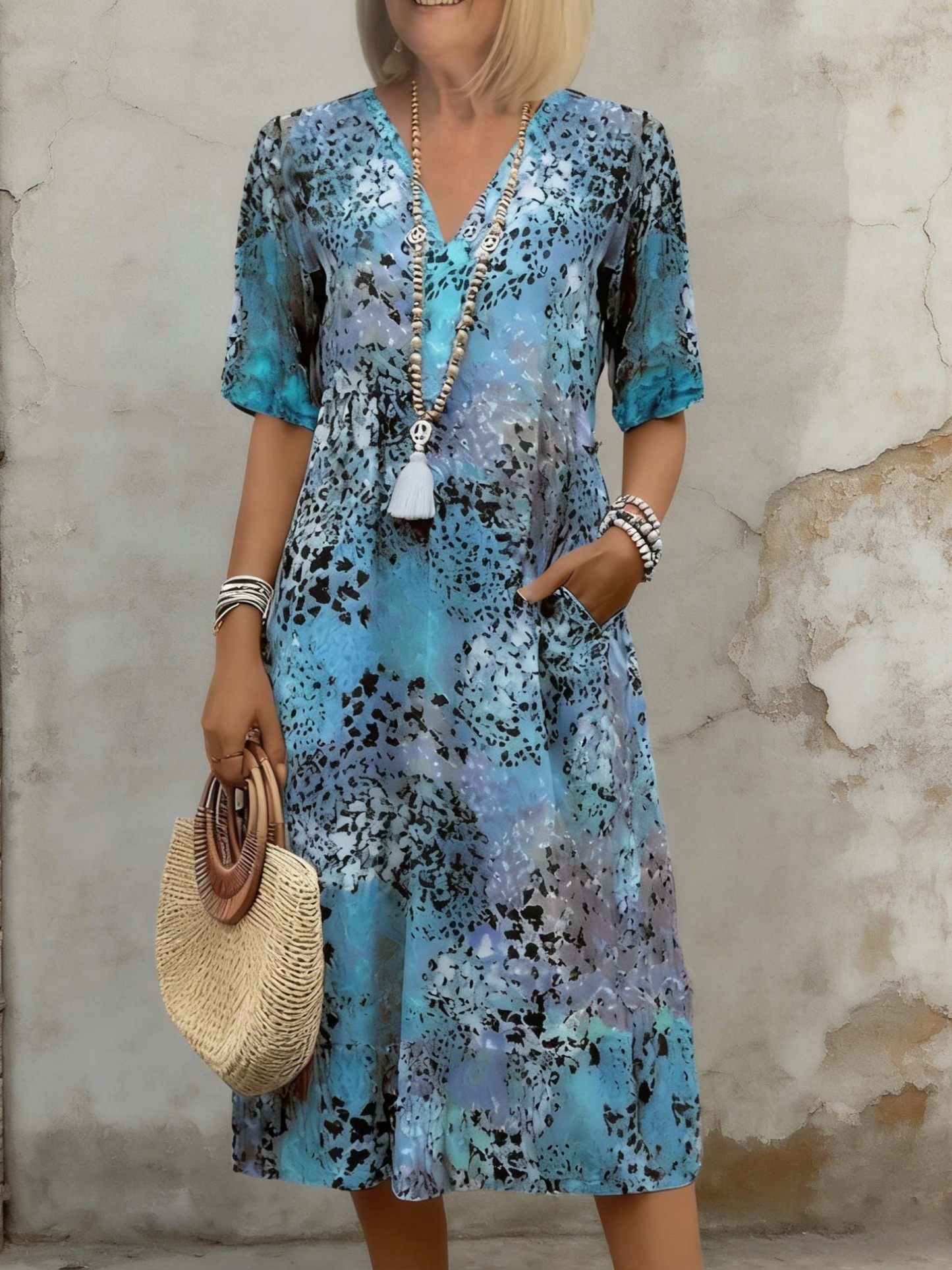 Women's V-Neck Half Sleeve Midi Dress - Lightweight Floral/Animal Print Casual Dress with Side Pockets for Vacation & Daily Wear