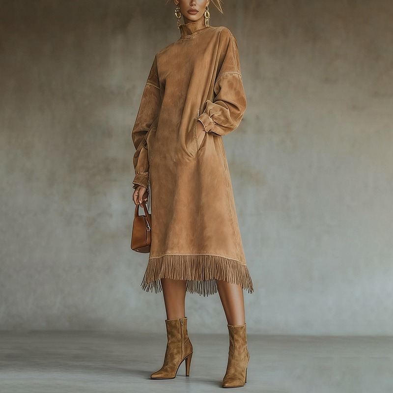 High-neck Suede Retro Loose-fitting Pocket Tassel Long-sleeved Dress