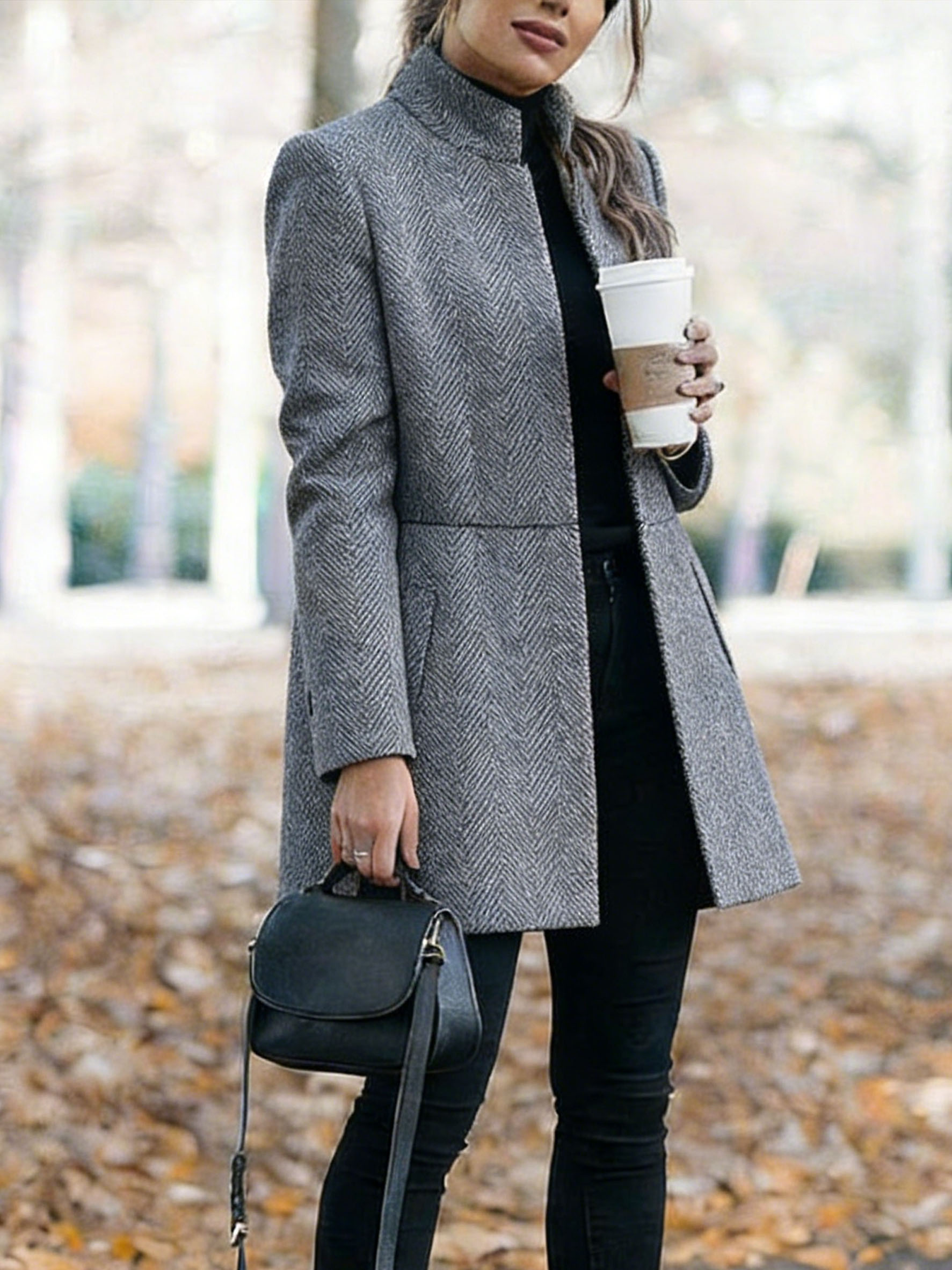 Women Houndstooth Long Sleeve Blazer Warm Office Neck Jacket With Pockets Open Front Cardigans