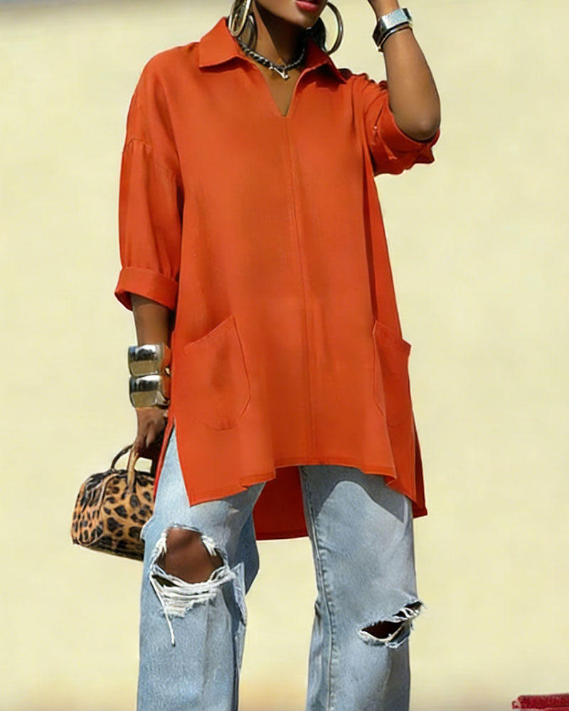 Women's Oversized V-Neck Collared Blouse - Relaxed Fit Longline Shirt with Side Pockets & Slits (7 Colors: Red/Orange/White/Blue/Purple/Light Blue/Navy)
