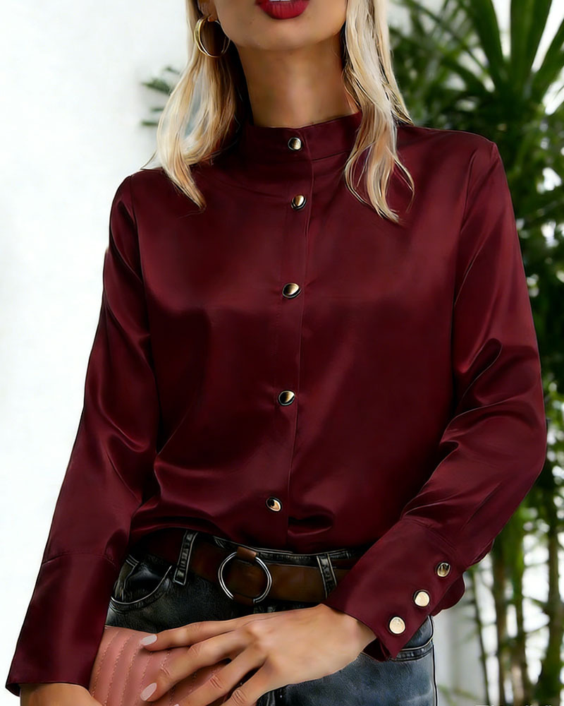 Women's Satin Stand Collar Blouse - Long Sleeve Button-Down Shirt with Metal Accent Buttons (Burgundy/Black/White)