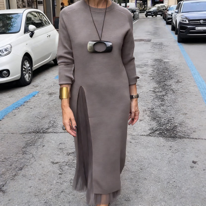 Women's Long Knitted Dress with Side Slit and Sheer Fabric for a Faux Two-Piece Design