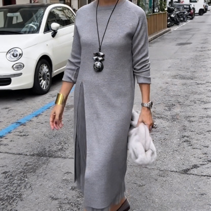 Women's Long Knitted Dress with Side Slit and Sheer Fabric for a Faux Two-Piece Design