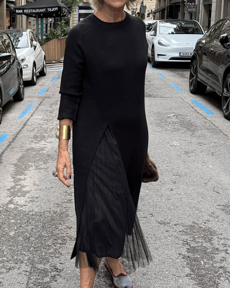 Women's Long Knitted Dress with Side Slit and Sheer Fabric for a Faux Two-Piece Design