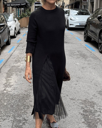 Women's Long Knitted Dress with Side Slit and Sheer Fabric for a Faux Two-Piece Design