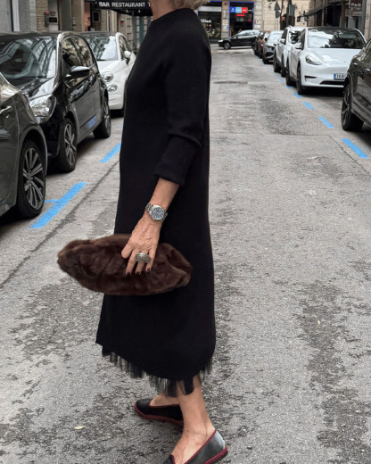 Women's Long Knitted Dress with Side Slit and Sheer Fabric for a Faux Two-Piece Design