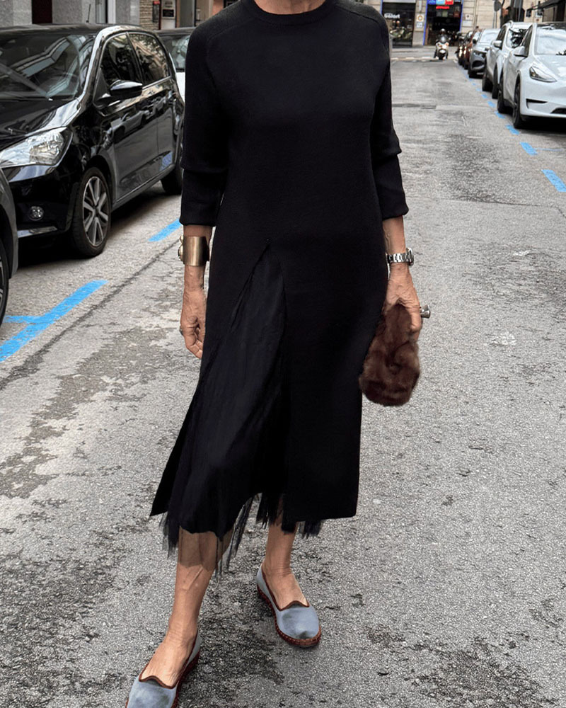 Women's Long Knitted Dress with Side Slit and Sheer Fabric for a Faux Two-Piece Design