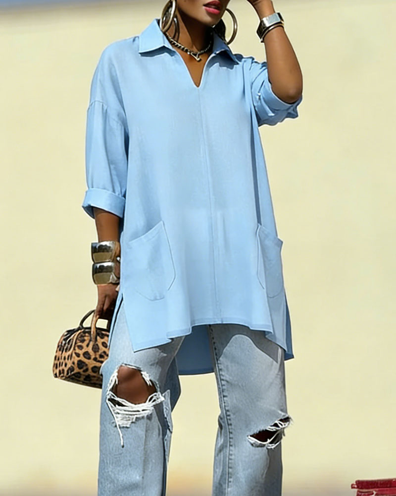 Women's Oversized V-Neck Collared Blouse - Relaxed Fit Longline Shirt with Side Pockets & Slits (7 Colors: Red/Orange/White/Blue/Purple/Light Blue/Navy)