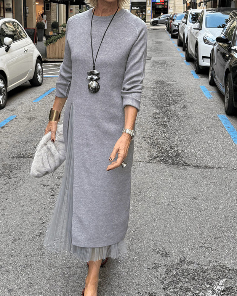 Women's Long Knitted Dress with Side Slit and Sheer Fabric for a Faux Two-Piece Design
