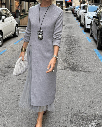 Women's Long Knitted Dress with Side Slit and Sheer Fabric for a Faux Two-Piece Design