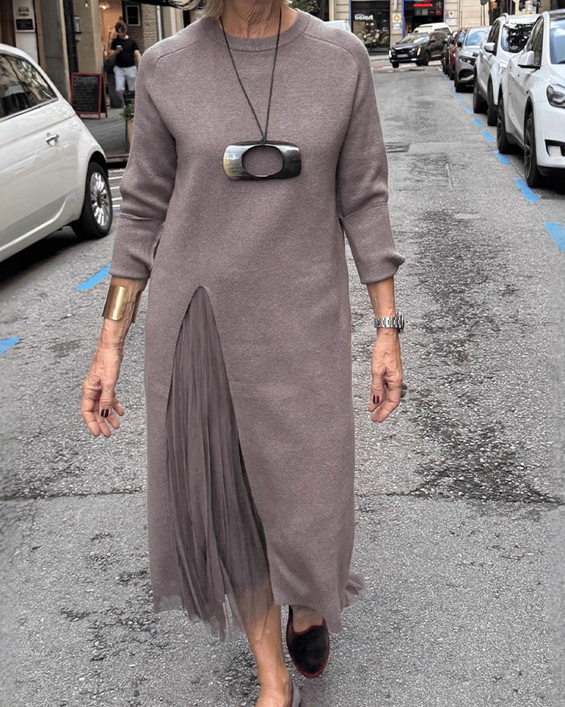 Women's Long Knitted Dress with Side Slit and Sheer Fabric for a Faux Two-Piece Design
