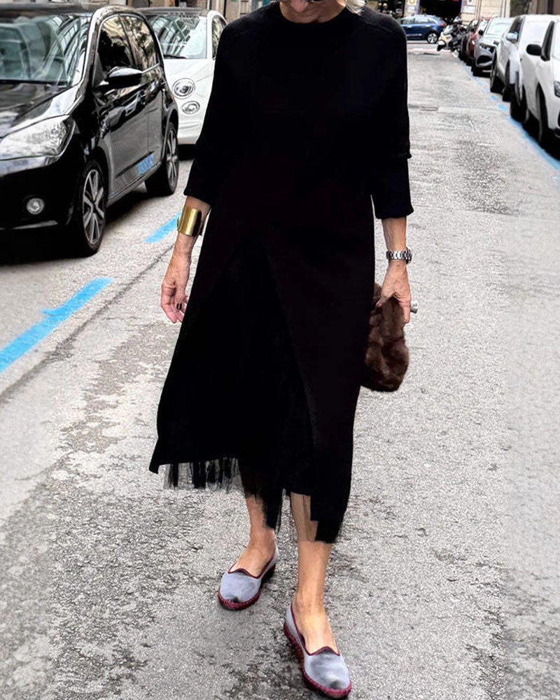 Women's Long Knitted Dress with Side Slit and Sheer Fabric for a Faux Two-Piece Design